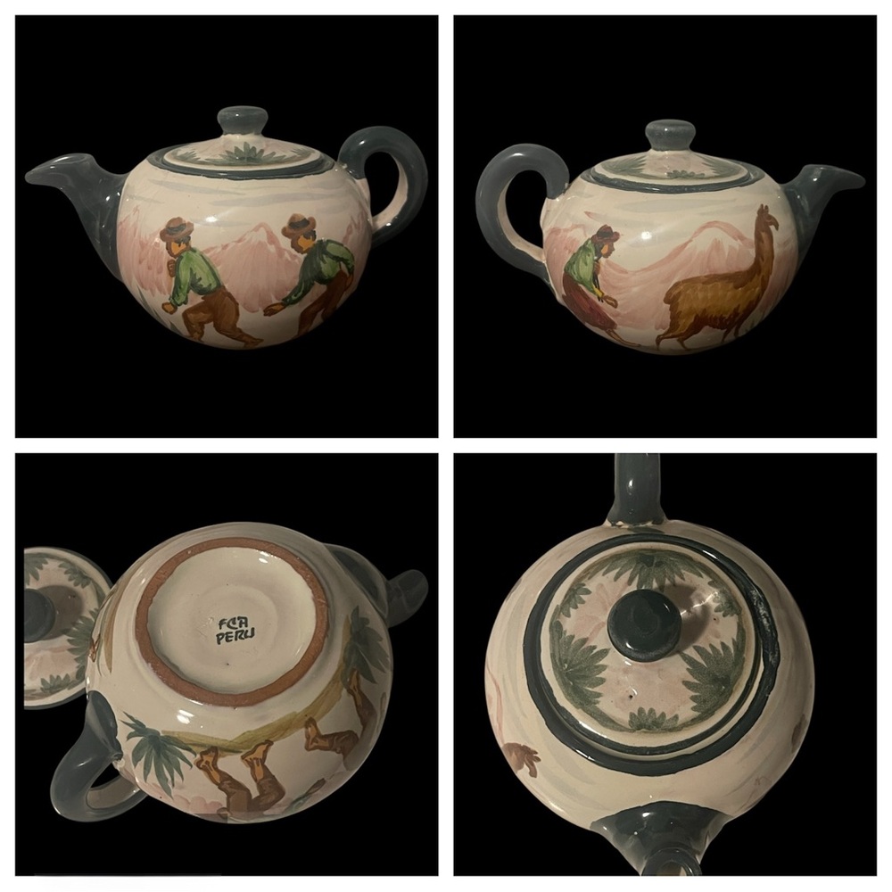 Handcrafted Peruvian Ceramic Teapot with Gray and Cream Design